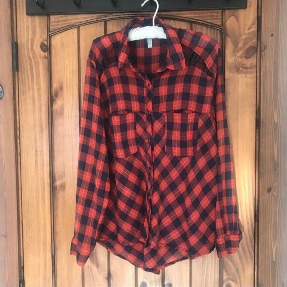 FP Free People Boho L/S plaid Top Gauzy Tunic Snaps Red Blue Relaxed Sz S EUC - Picture 4 of 12
